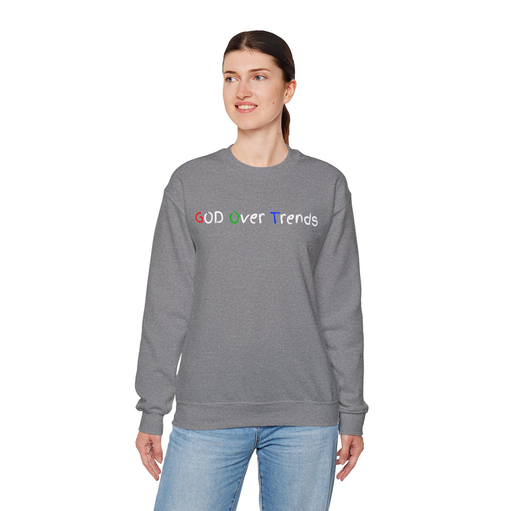 Crewneck Sweatshirt — "GOD over Trends" Colorful Faith Graphic