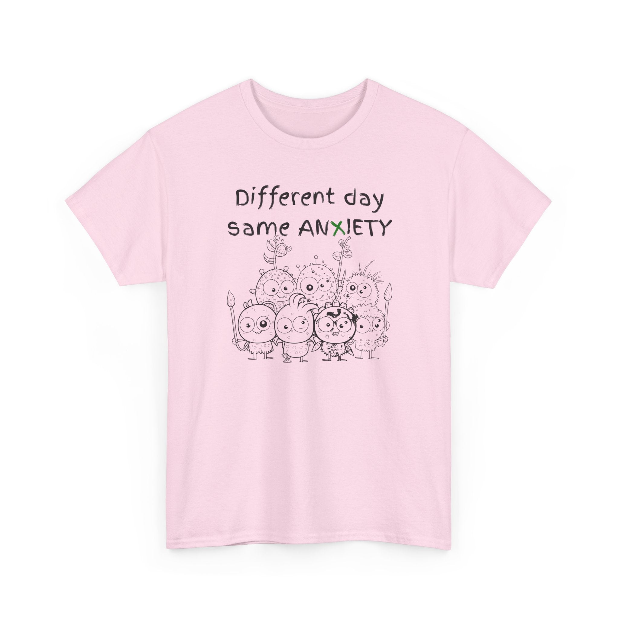 Anxiety Cartoon Tee — "Different day same ANXIETY" Mental Health Graphic T-Shirt