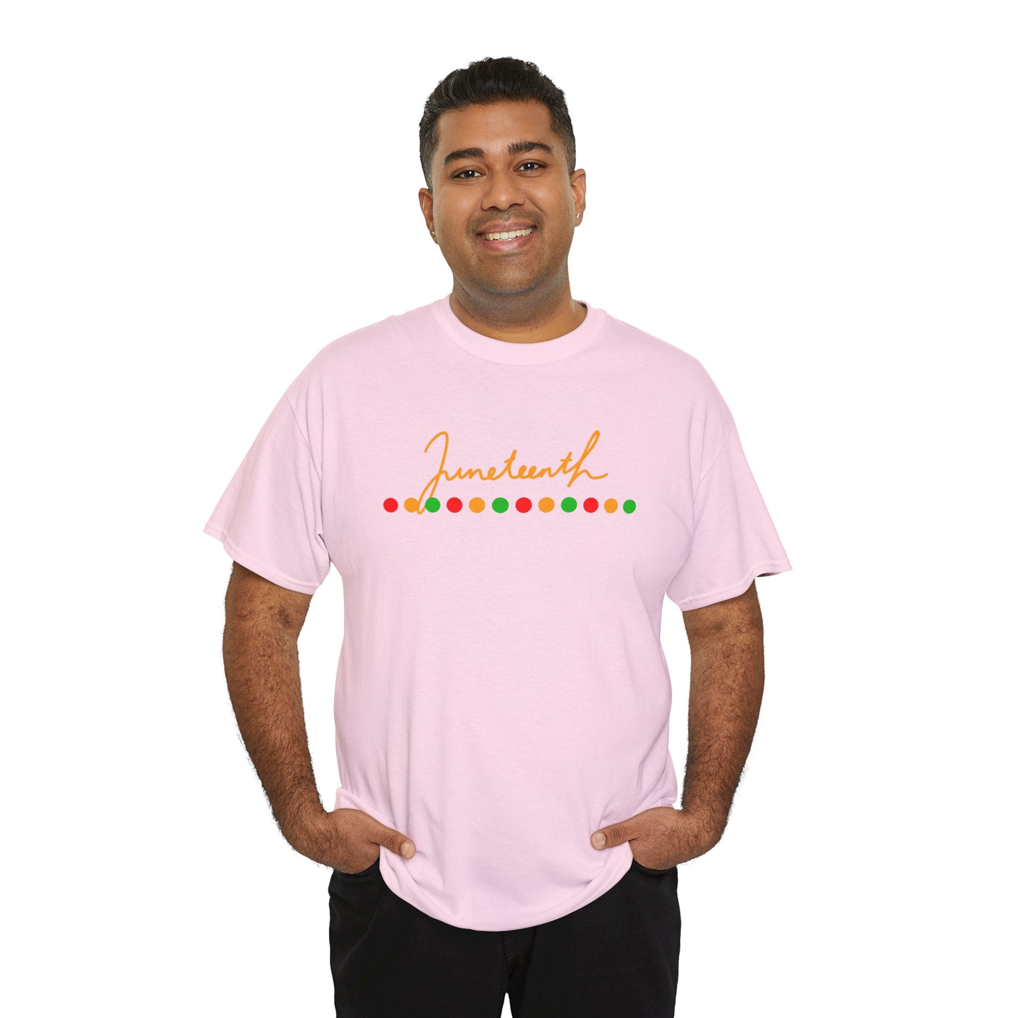 Juneteenth Script Tee — Juneteenth Celebration T-Shirt with Red, Green & Gold Dot Accent