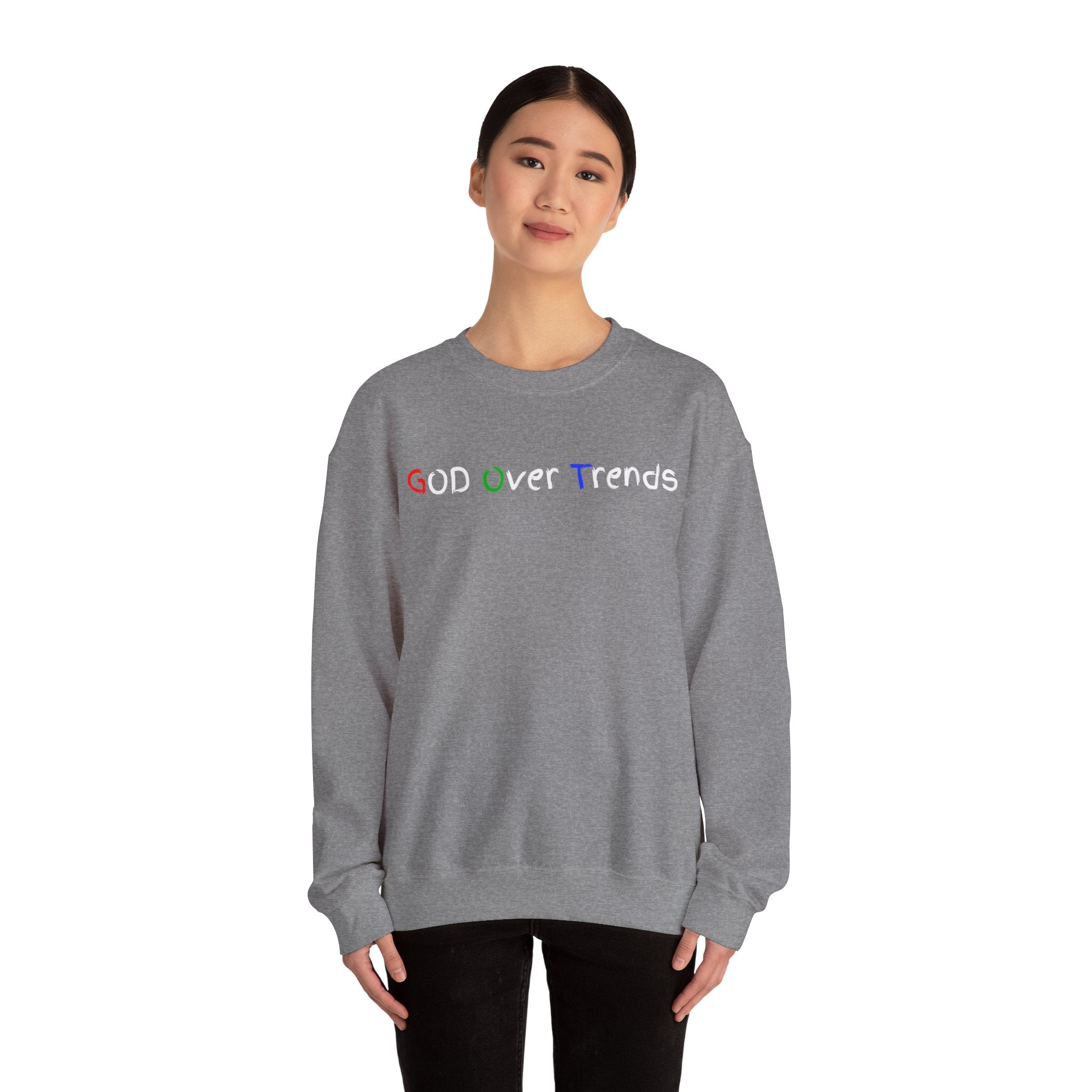 Crewneck Sweatshirt — "GOD over Trends" Colorful Faith Graphic
