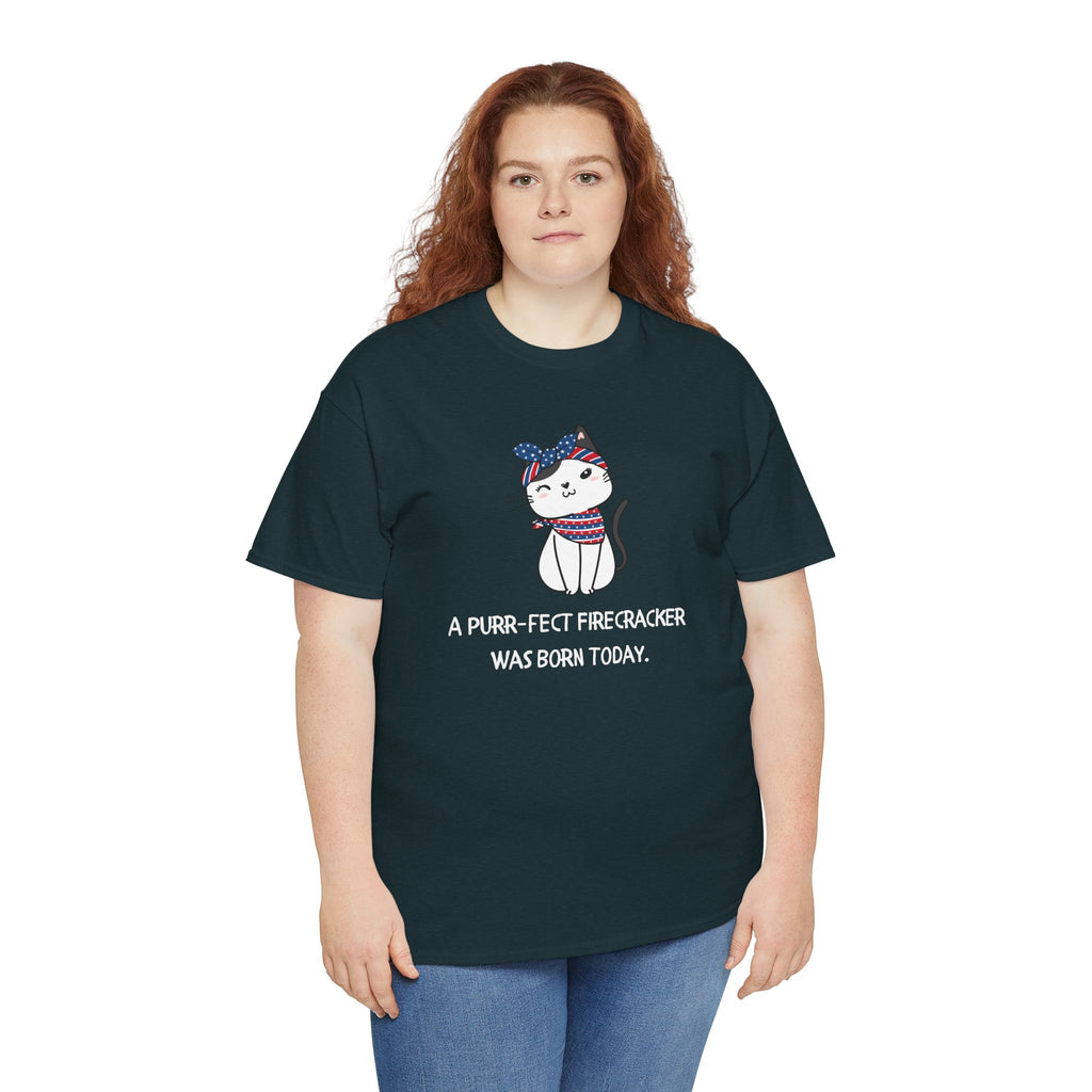 Cat Birthday Tee — "A Purr-fect Firecracker Was Born Today"