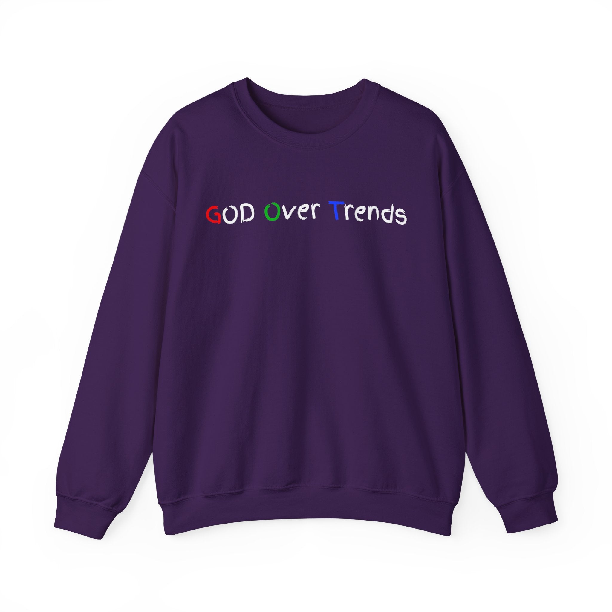 Crewneck Sweatshirt — "GOD over Trends" Colorful Faith Graphic