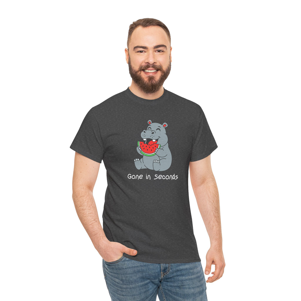 Hippo Eating Watermelon Tee — "Gone in Seconds" Cute Animal Graphic Shirt