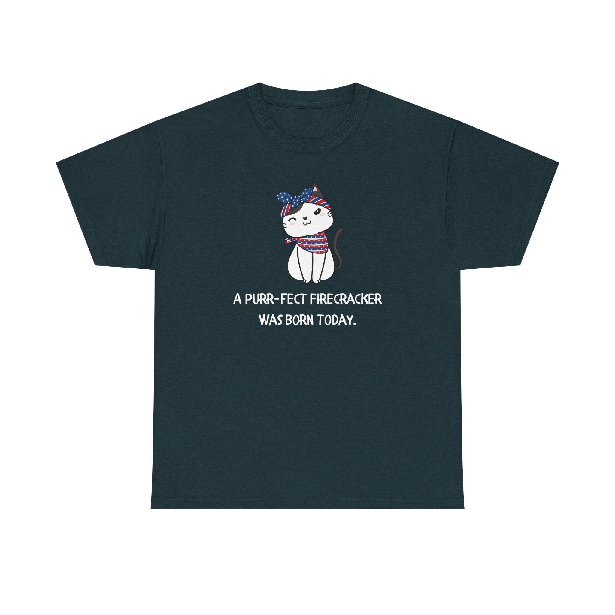 Cat Birthday Tee — "A Purr-fect Firecracker Was Born Today"
