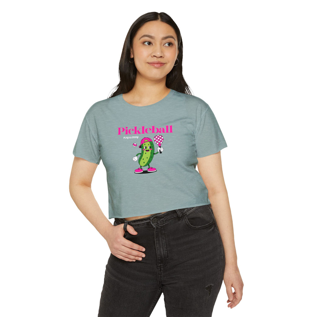 Pickleball Festival Crop Top — Cute Pickle Character Graphic Tee for Women
