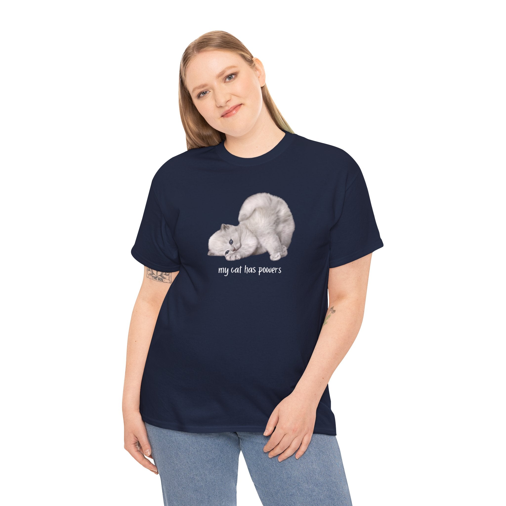 Cat T-Shirt – "My Cat Has Powers" Cute Stretching Cat Graphic Tee