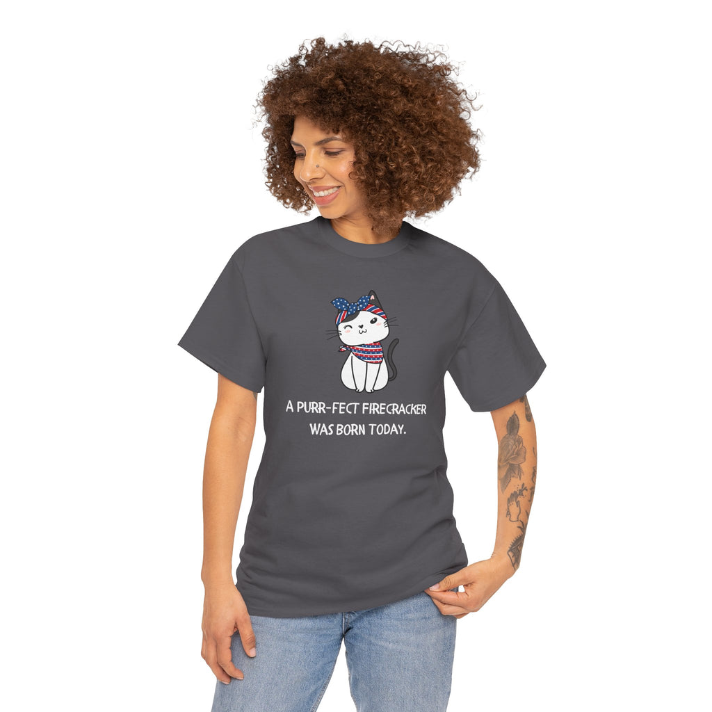 Cat Birthday Tee — "A Purr-fect Firecracker Was Born Today"