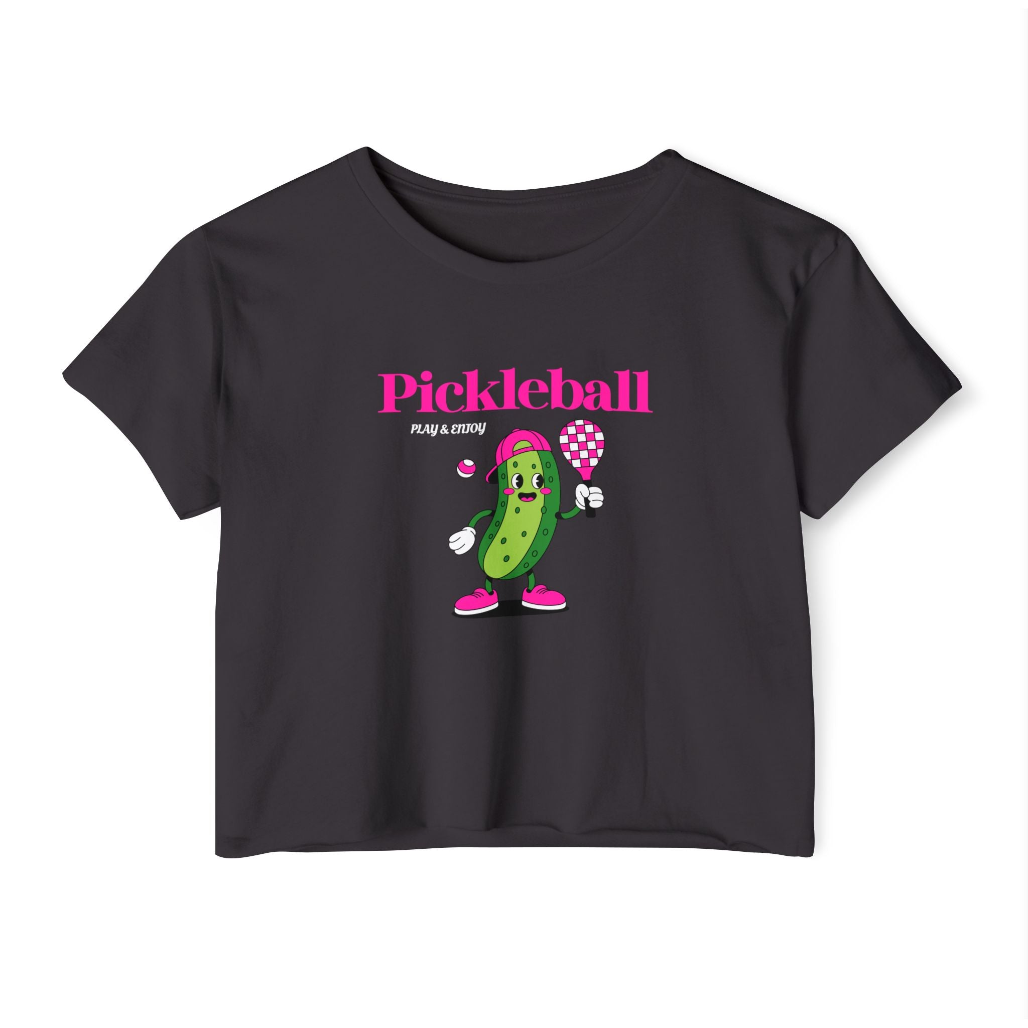 Pickleball Festival Crop Top — Cute Pickle Character Graphic Tee for Women