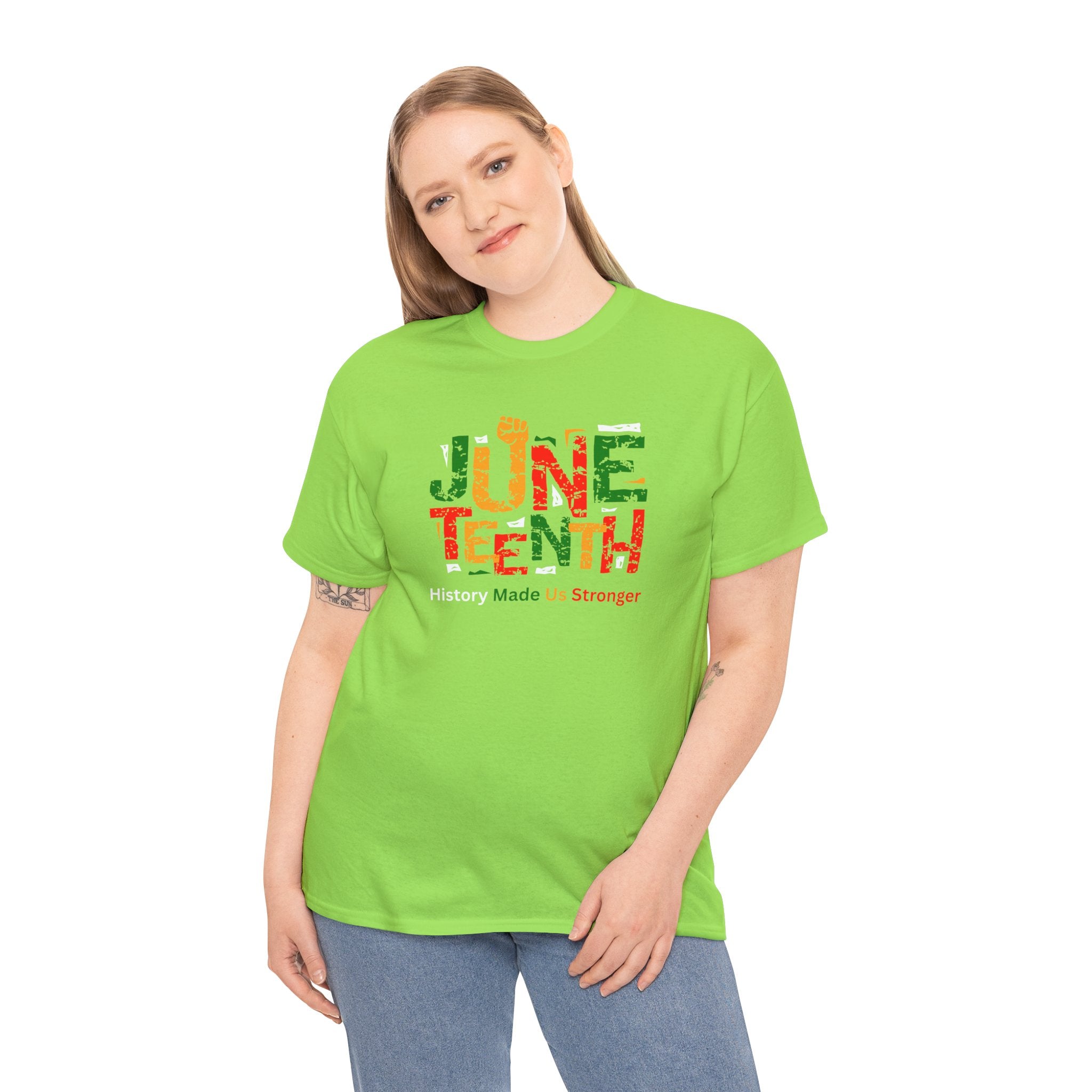 Juneteenth Celebration T-Shirt — "Made Us Stronger" Floral Block Letter Tee