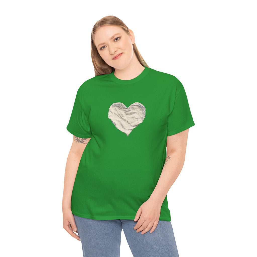 Crinkled Paper Heart Tee - Minimalist White Cotton Shirt