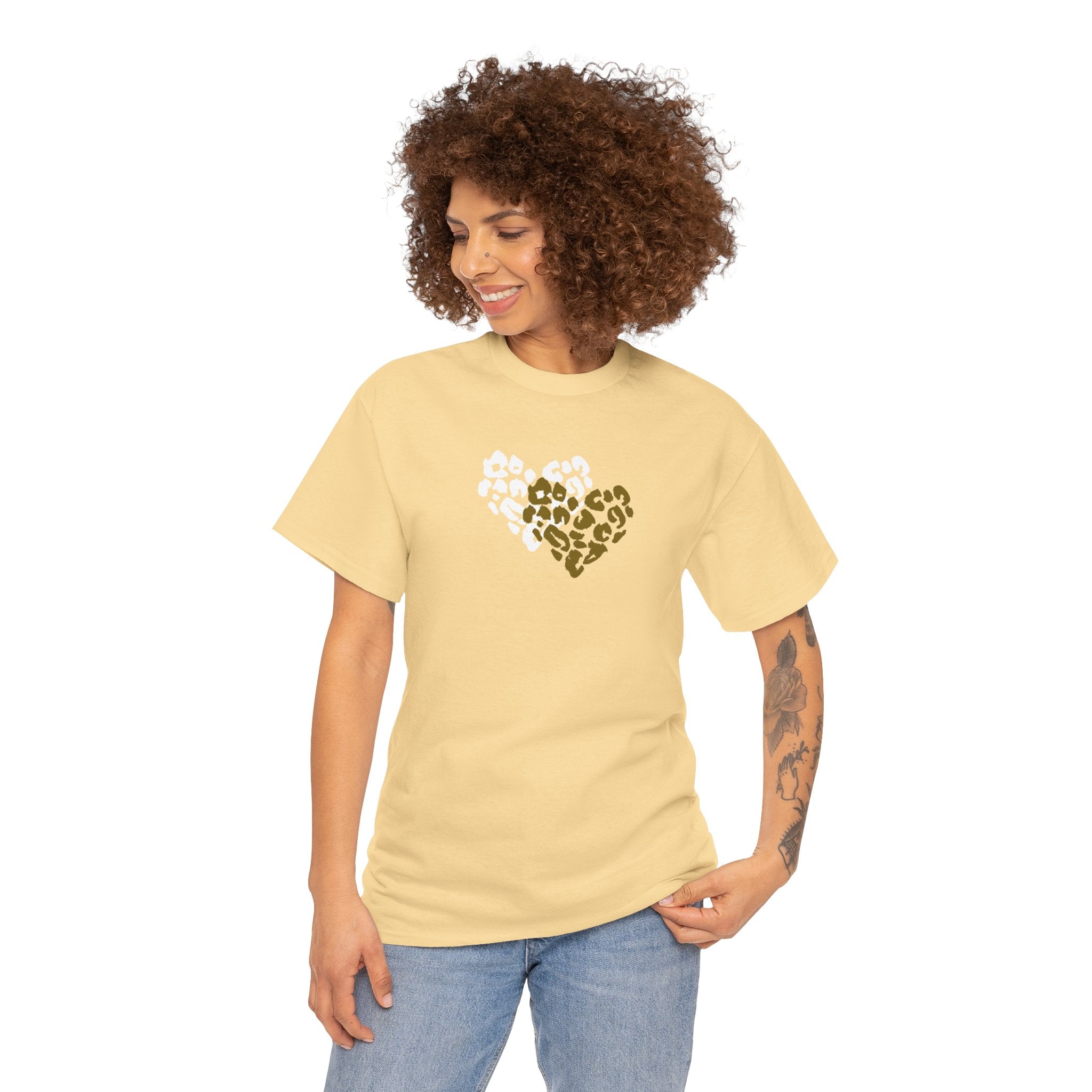 Leopard Heart Graphic Tee — Two-Tone Animal Print Heart T-Shirt