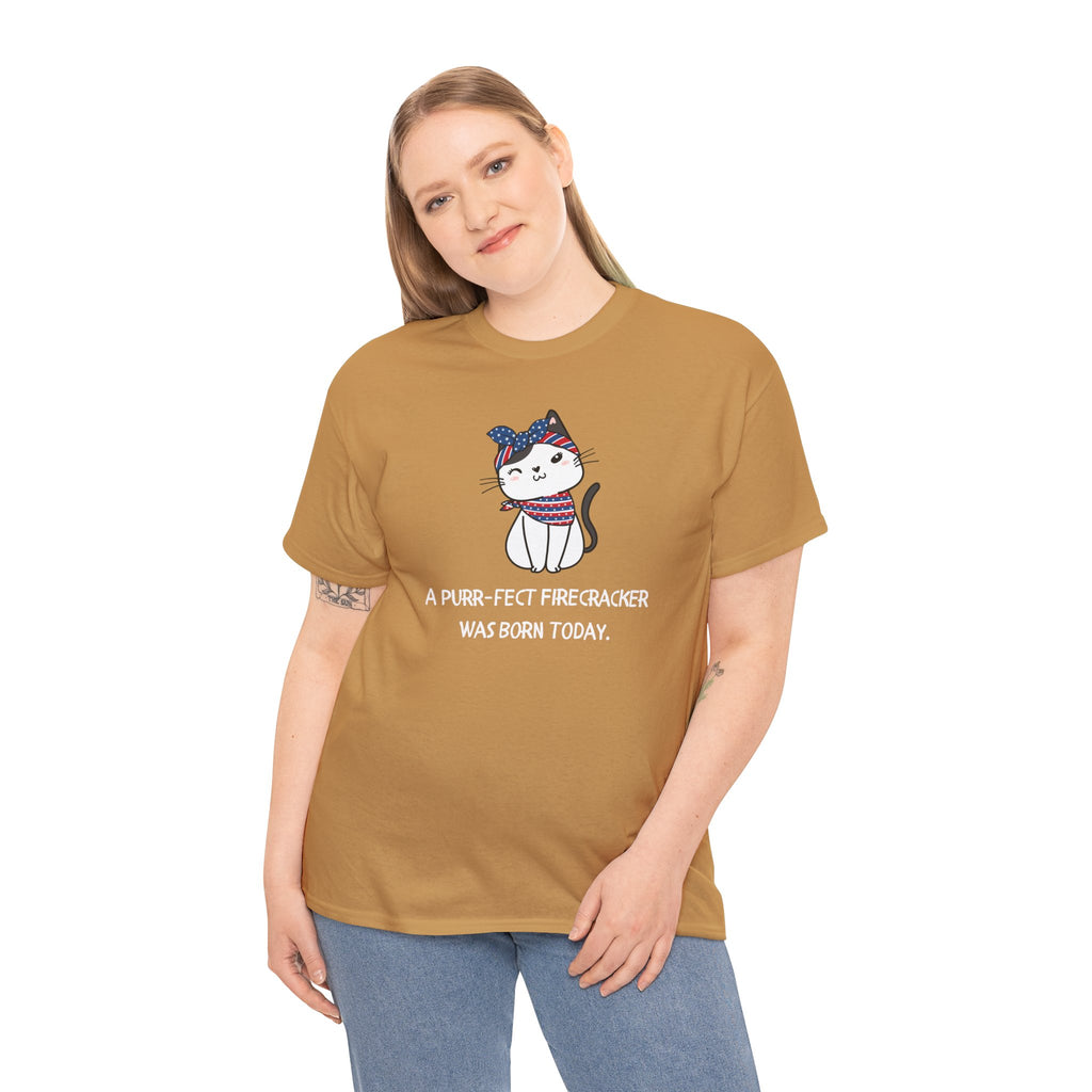 Cat Birthday Tee — "A Purr-fect Firecracker Was Born Today"