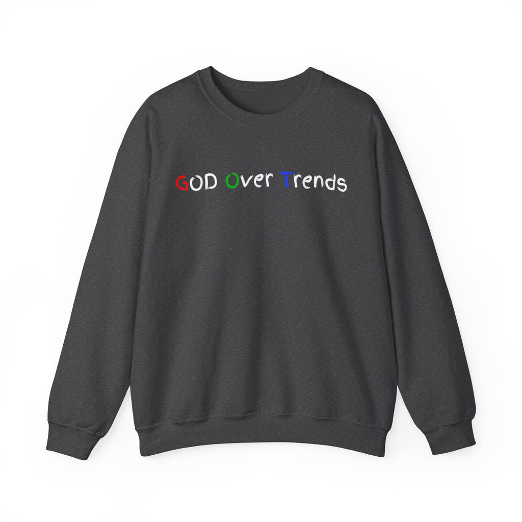 Crewneck Sweatshirt — "GOD over Trends" Colorful Faith Graphic