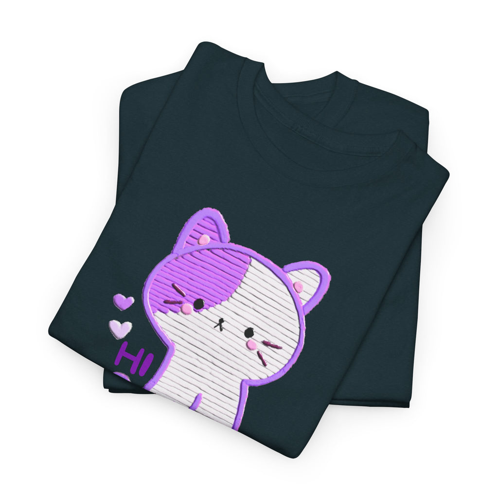 Cute Purple Cat “Hi” T-Shirt — Kawaii Kitten Graphic Tee