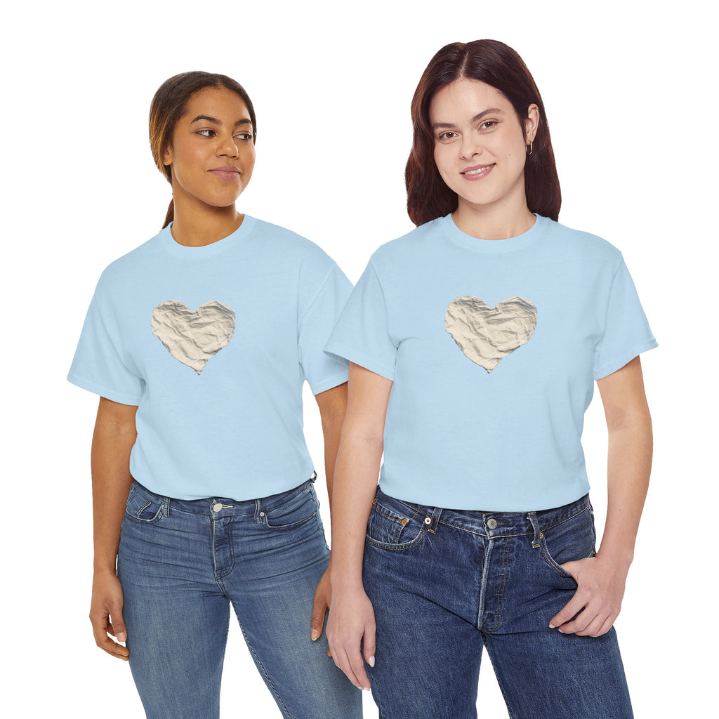 Crinkled Paper Heart Tee - Minimalist White Cotton Shirt