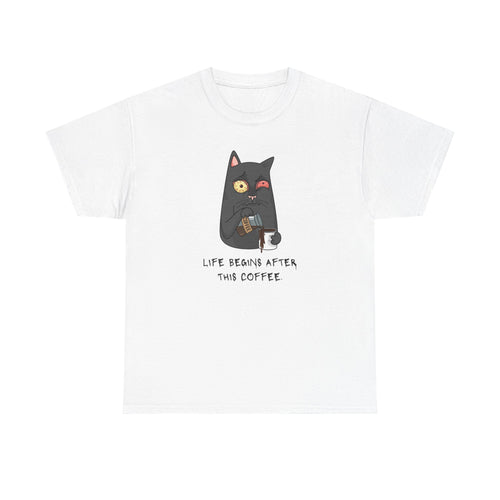 Cat Coffee T-Shirt — "Life Begins After This Coffee" Cute Cat Graphic Tee