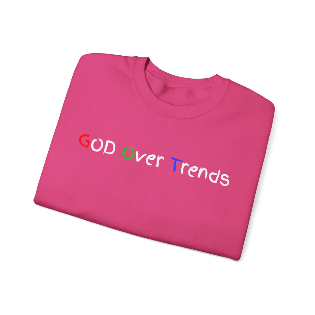 Crewneck Sweatshirt — "GOD over Trends" Colorful Faith Graphic