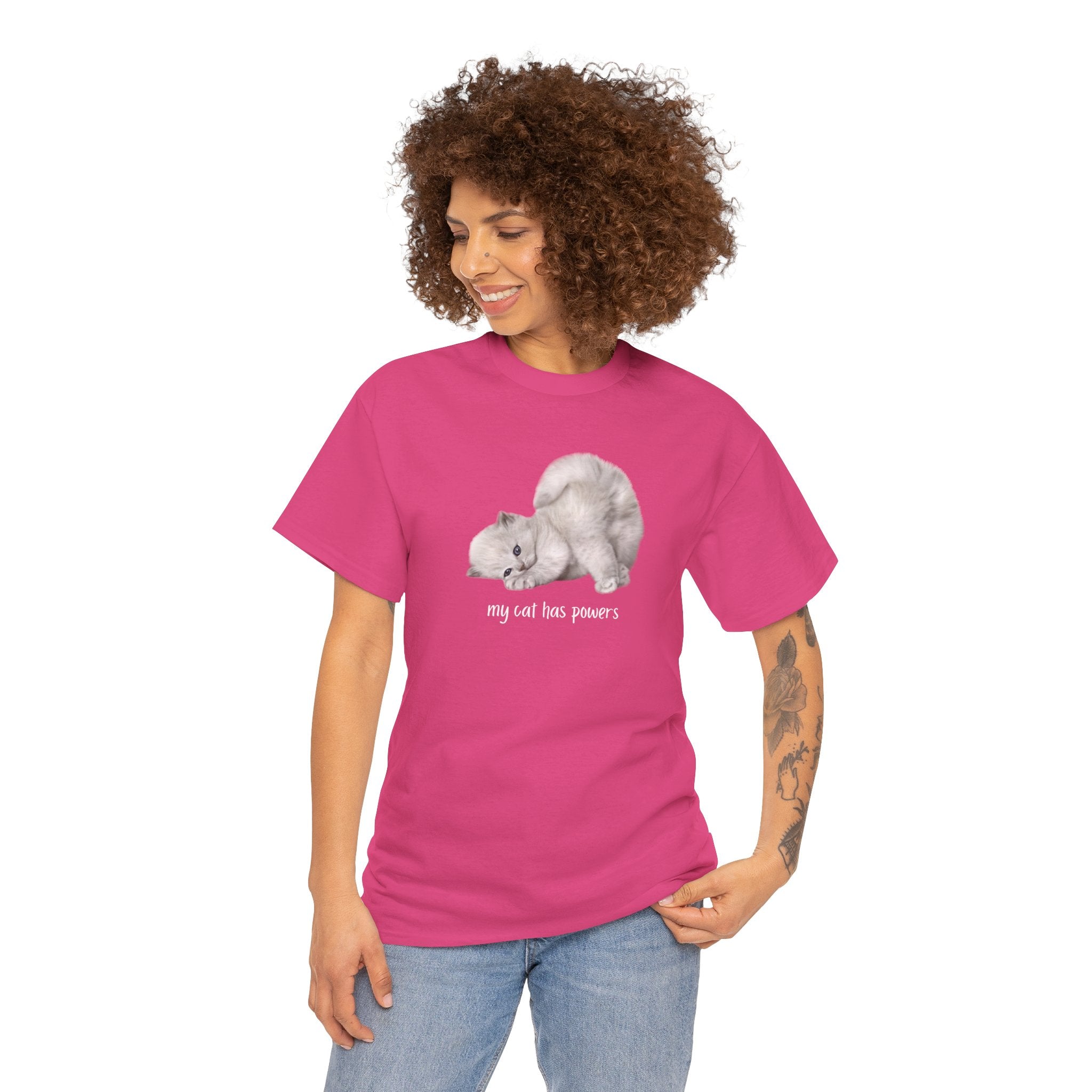 Cat T-Shirt – "My Cat Has Powers" Cute Stretching Cat Graphic Tee