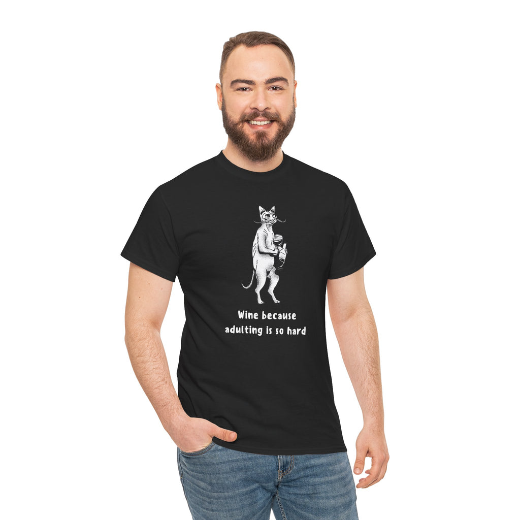 T-Shirt — 'Wine because adulting is so hard' Cat Wine Graphic Tee