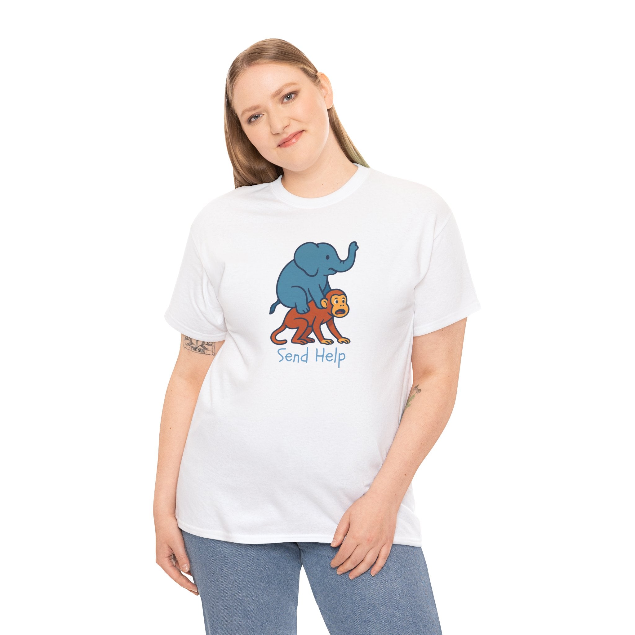 Funny Elephant Riding Monkey T-Shirt — "Send Help" Graphic Tee
