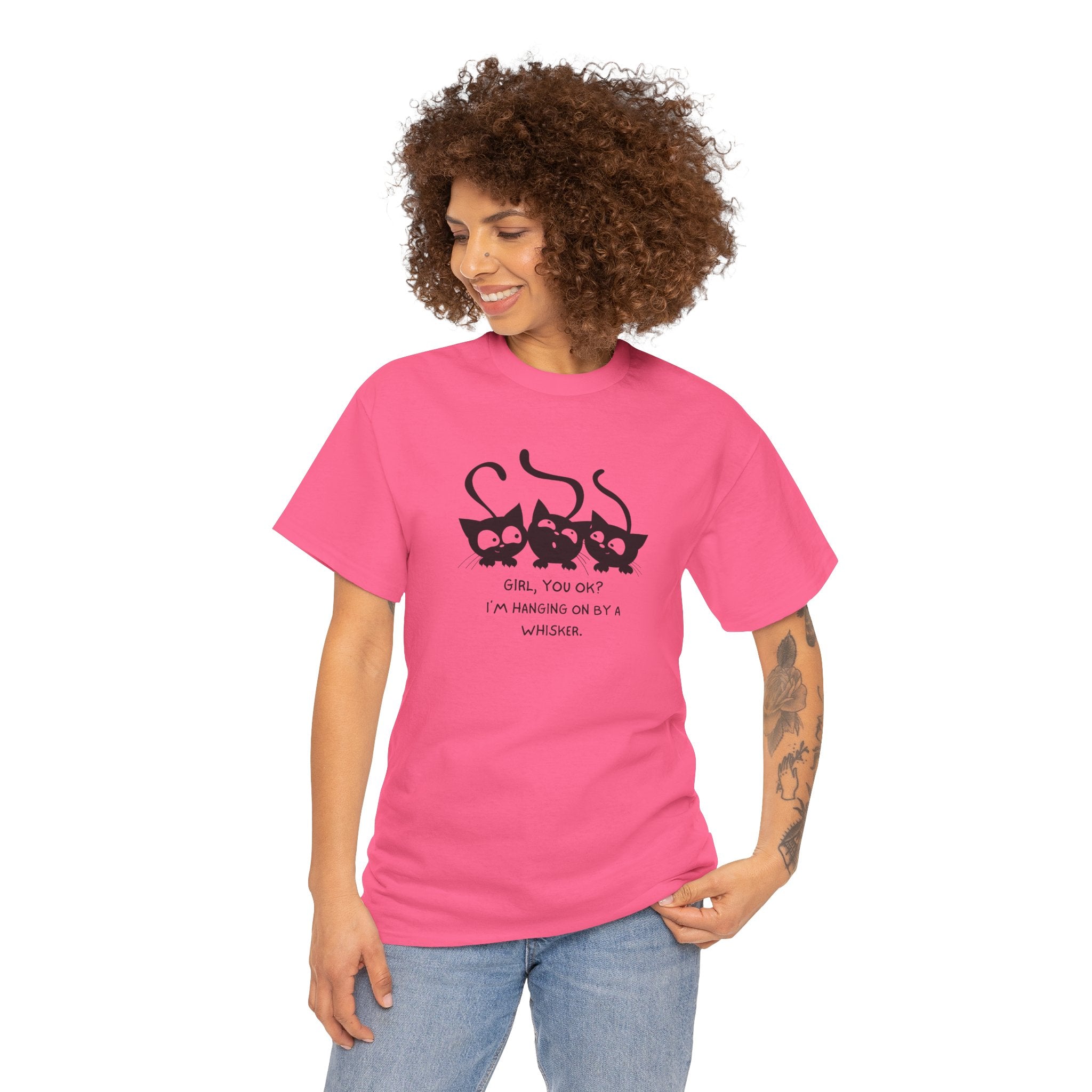 Cat Trio T‑Shirt – “Girl, You OK? I’m Hanging On By A Whisper” Cute Cat Graphic Tee