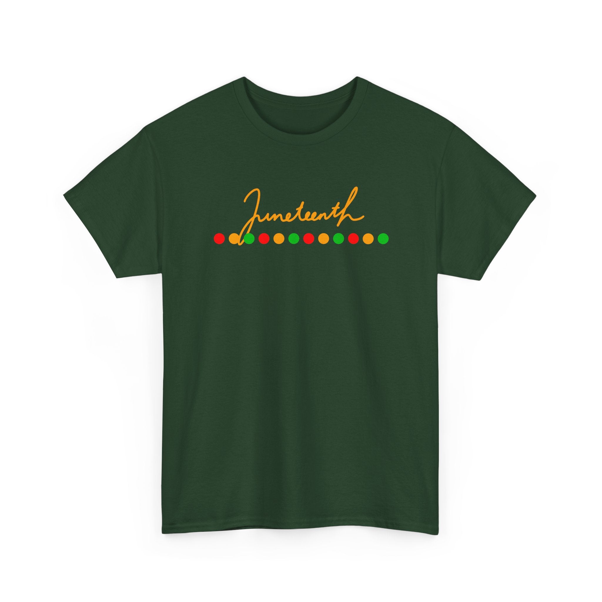 Juneteenth Script Tee — Juneteenth Celebration T-Shirt with Red, Green & Gold Dot Accent