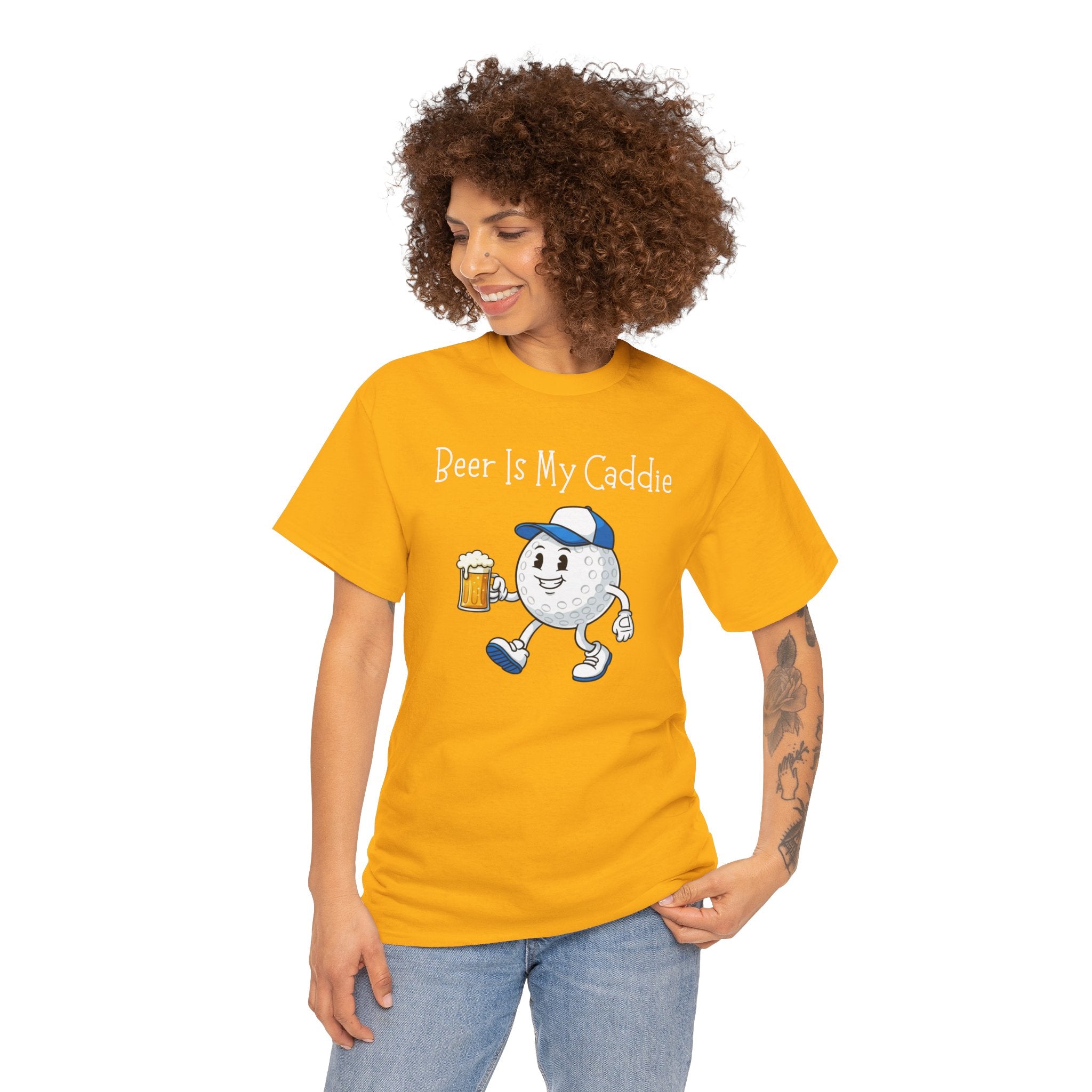 Golf Ball Cartoon Tee — "Beer Is My Caddie" Funny Golf Shirt