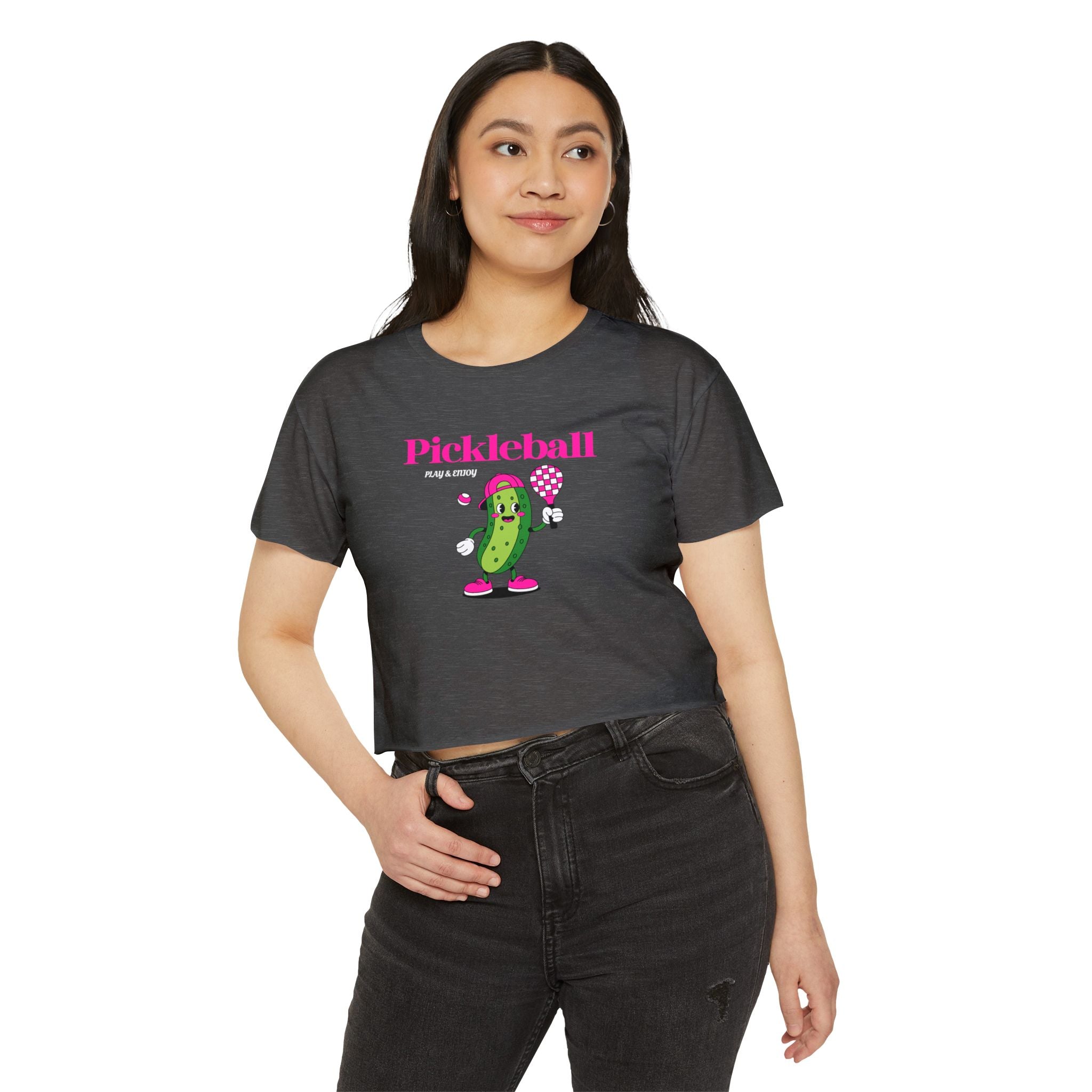 Pickleball Festival Crop Top — Cute Pickle Character Graphic Tee for Women