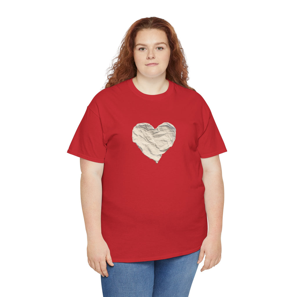 Crinkled Paper Heart Tee - Minimalist White Cotton Shirt