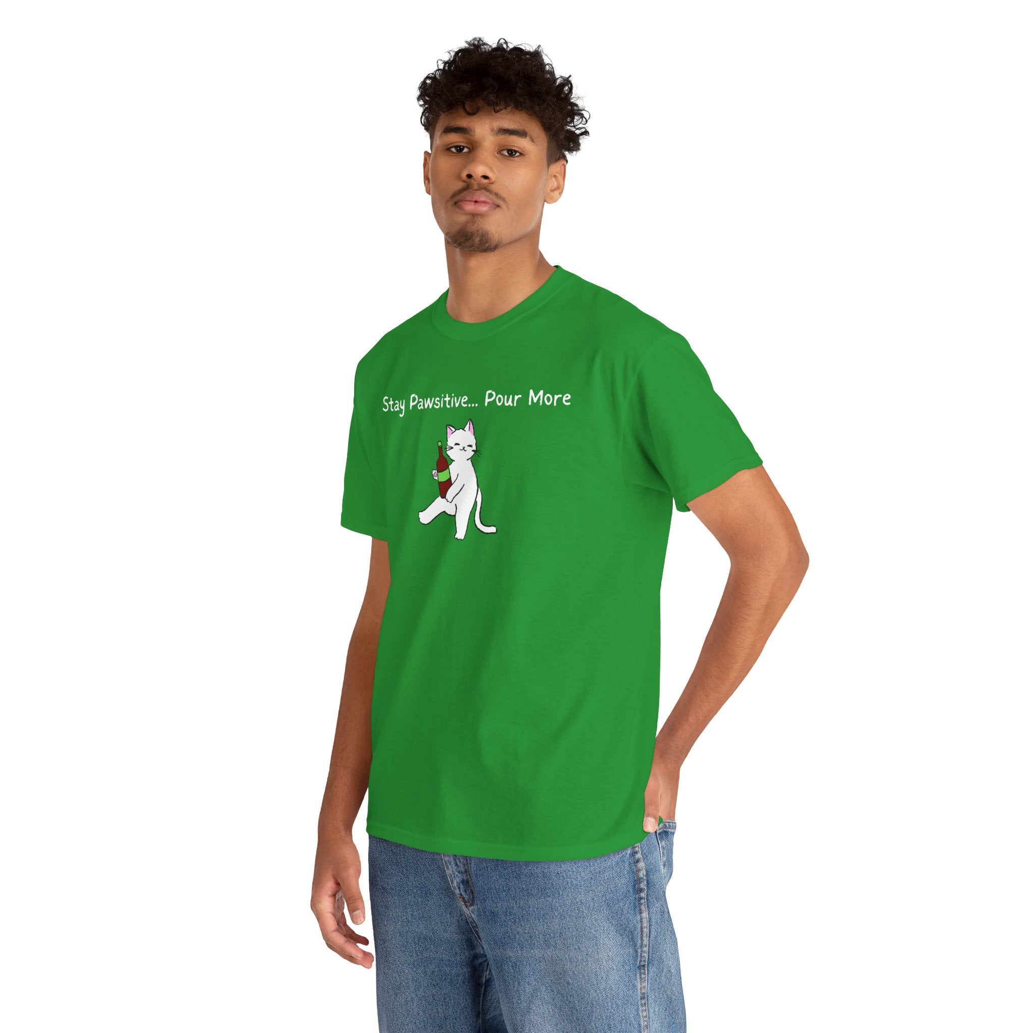 Cat Wine Tee - "Stay Pawsitive Pour More" Funny Cat Drinking T-Shirt