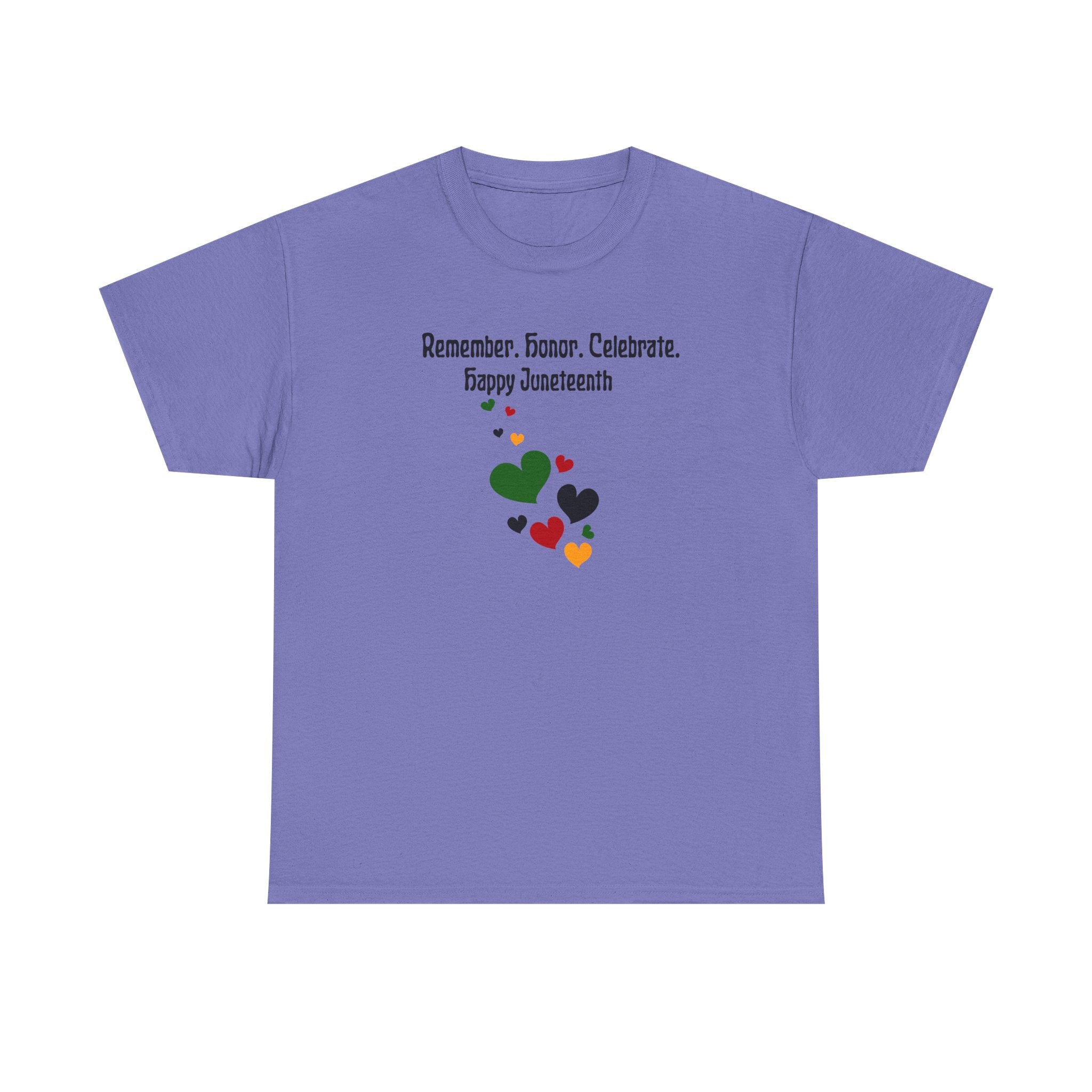 Juneteenth Celebration T‑Shirt — "Remember. Honor. Celebrate. Happy Juneteenth" with Pan-African Heart Design
