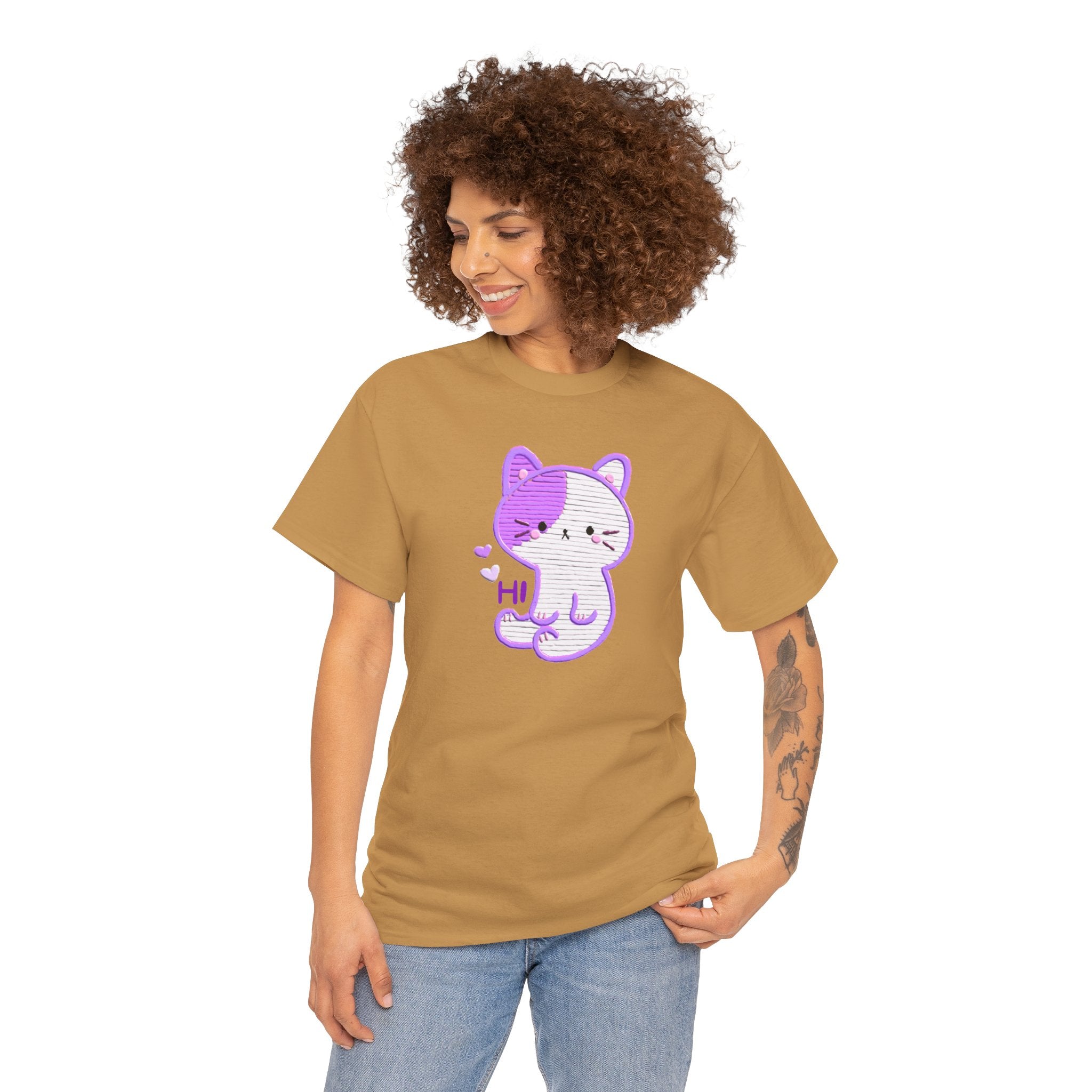 Cute Purple Cat “Hi” T-Shirt — Kawaii Kitten Graphic Tee