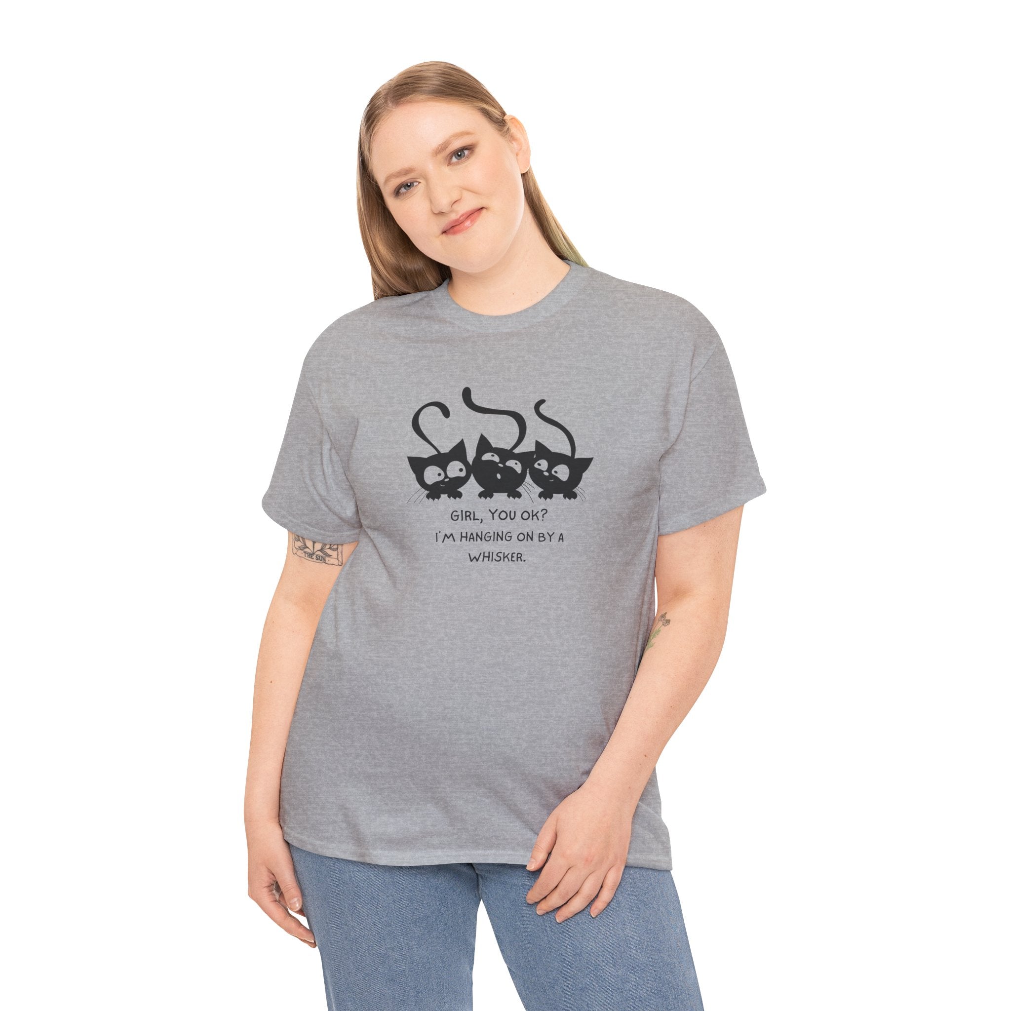 Cat Trio T‑Shirt – “Girl, You OK? I’m Hanging On By A Whisper” Cute Cat Graphic Tee