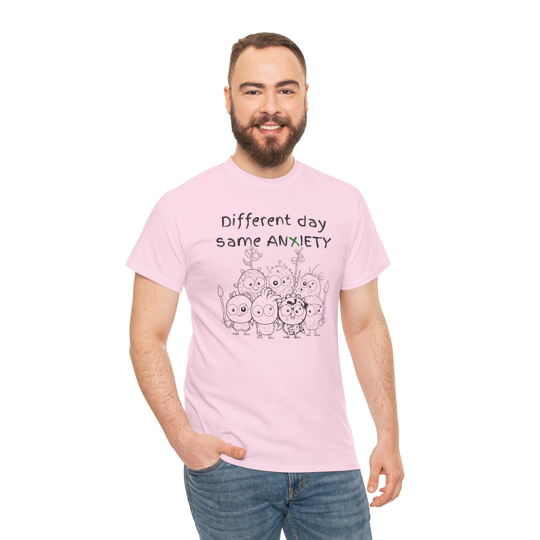 Anxiety Cartoon Tee — "Different day same ANXIETY" Mental Health Graphic T-Shirt