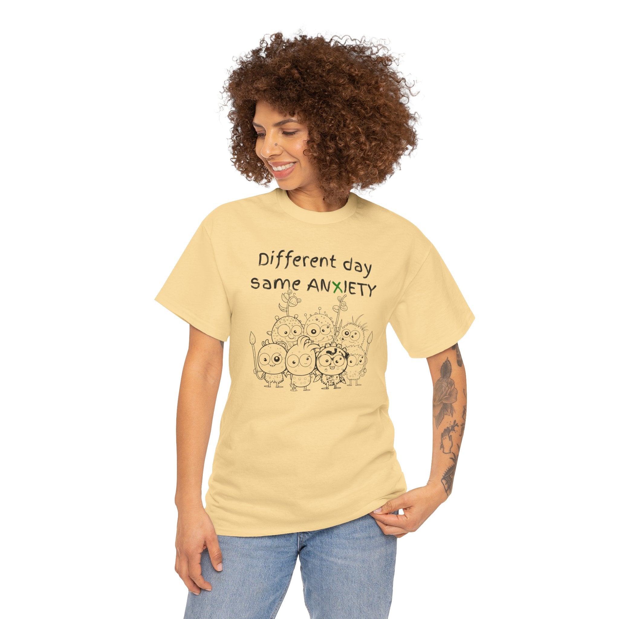 Anxiety Cartoon Tee — "Different day same ANXIETY" Mental Health Graphic T-Shirt