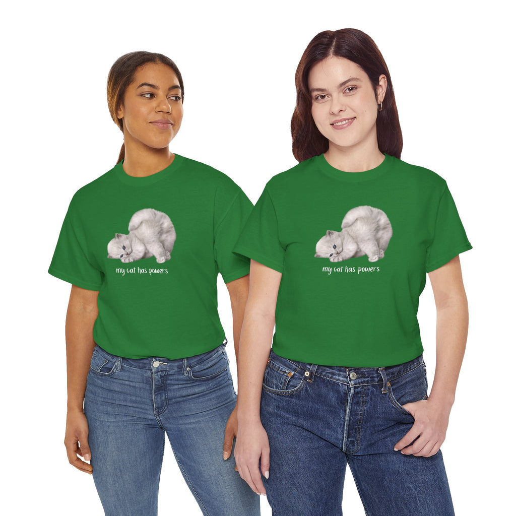 Cat T-Shirt – "My Cat Has Powers" Cute Stretching Cat Graphic Tee
