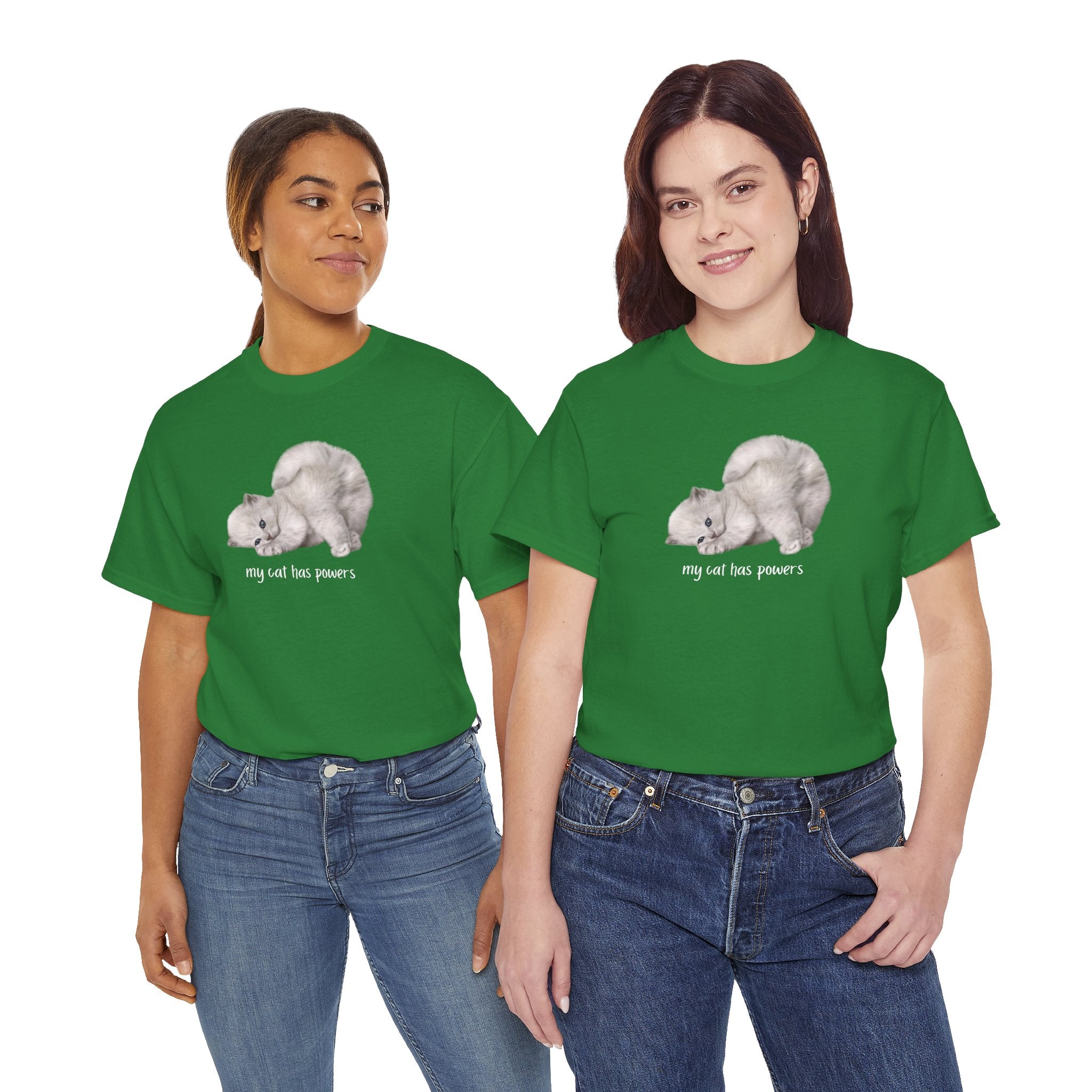 Cat T-Shirt – "My Cat Has Powers" Cute Stretching Cat Graphic Tee