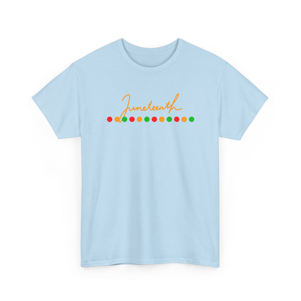 Juneteenth Script Tee — Juneteenth Celebration T-Shirt with Red, Green & Gold Dot Accent