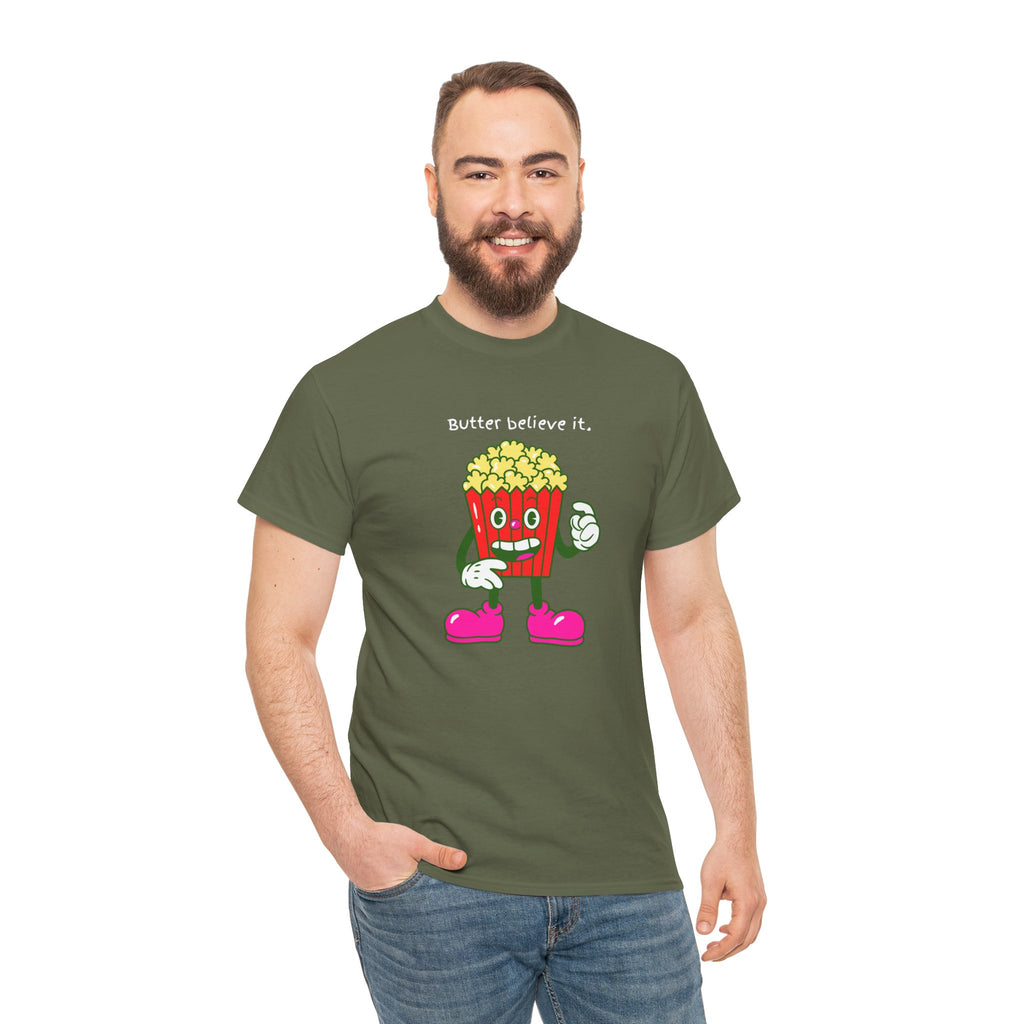 Butter Believe It Popcorn Tee — Cute Retro Snack Cartoon T-Shirt
