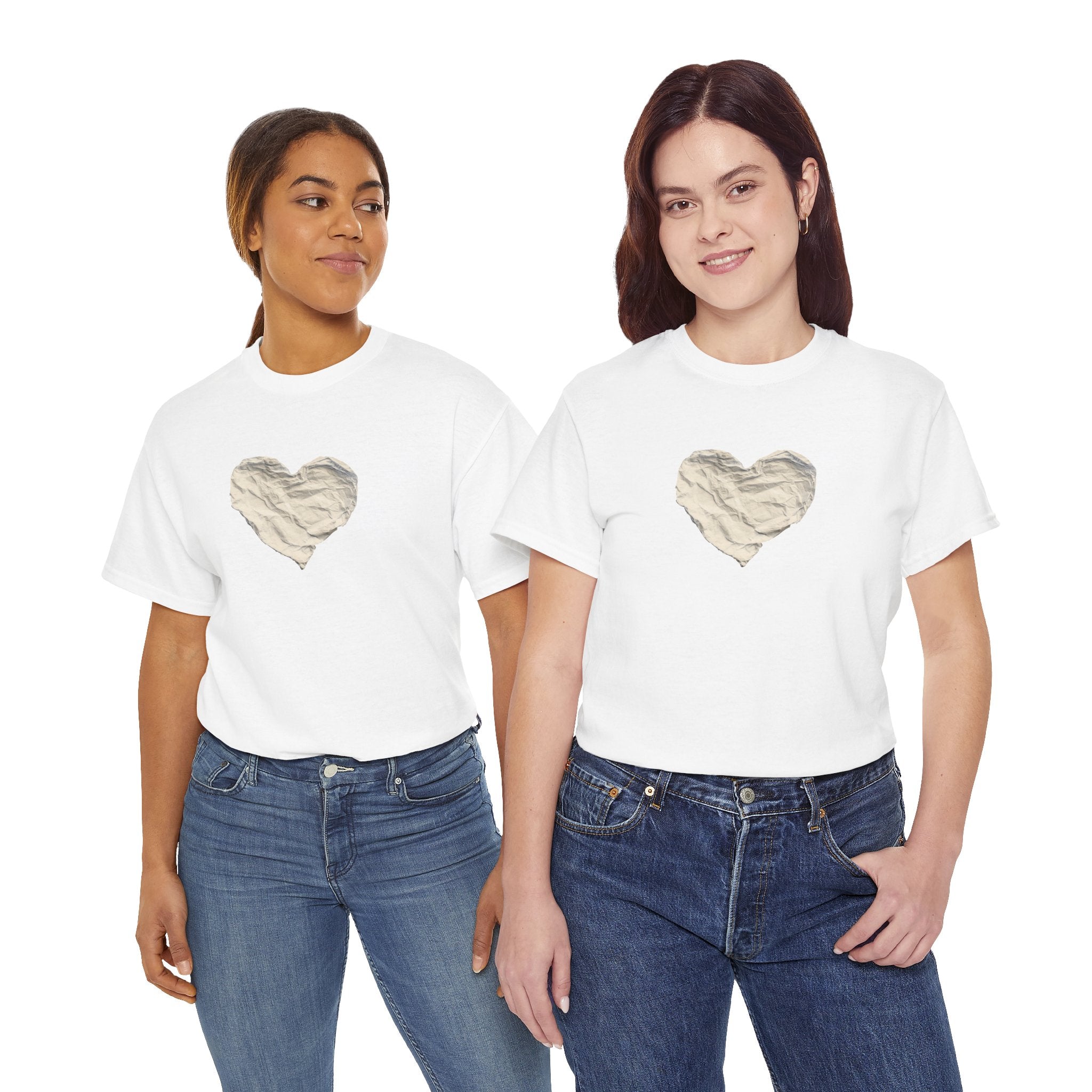 Crinkled Paper Heart Tee - Minimalist White Cotton Shirt