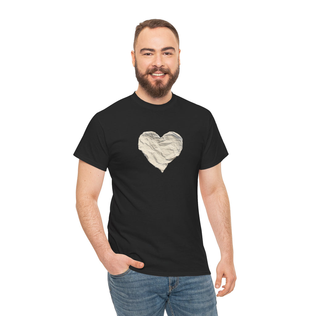 Crinkled Paper Heart Tee - Minimalist White Cotton Shirt