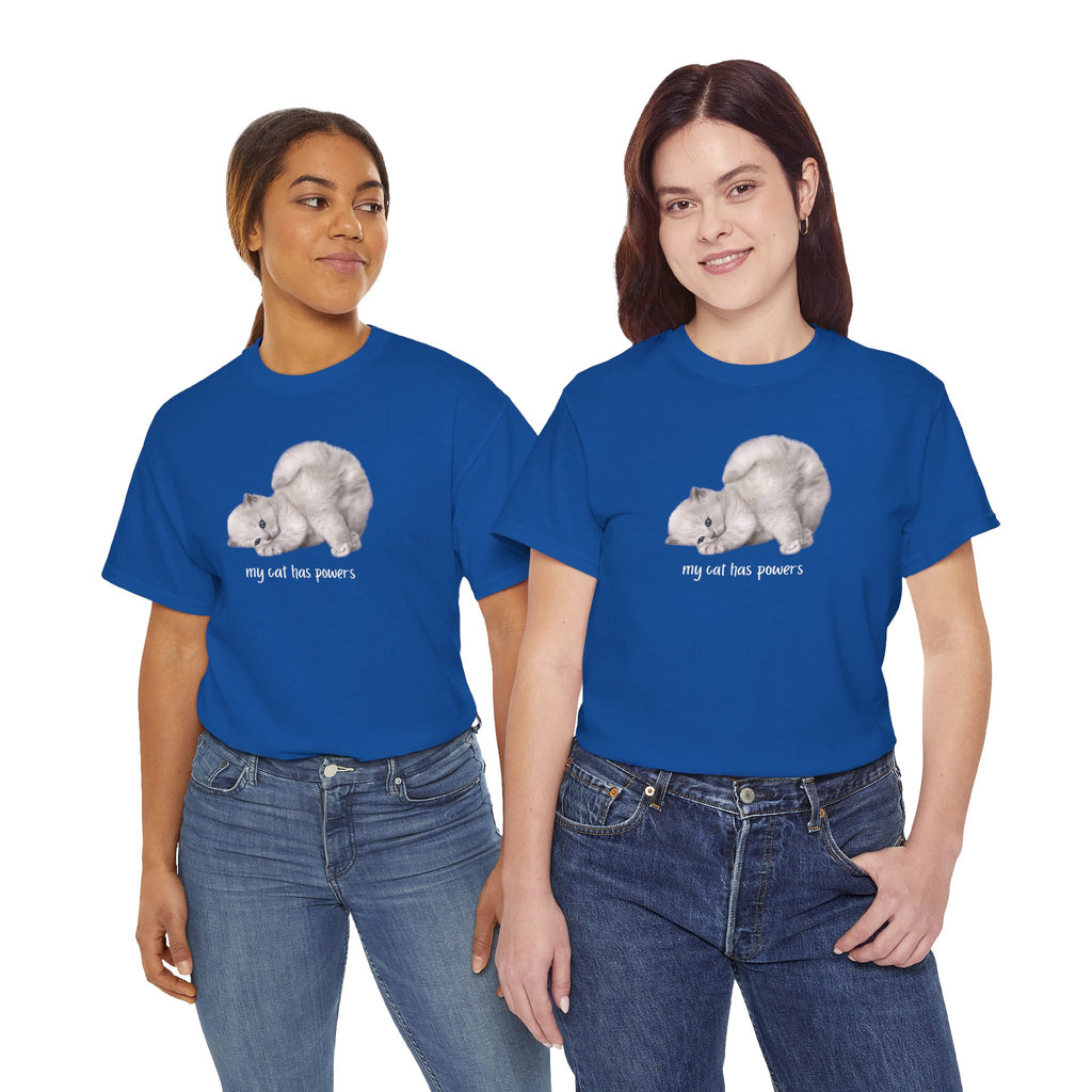 Cat T-Shirt – "My Cat Has Powers" Cute Stretching Cat Graphic Tee