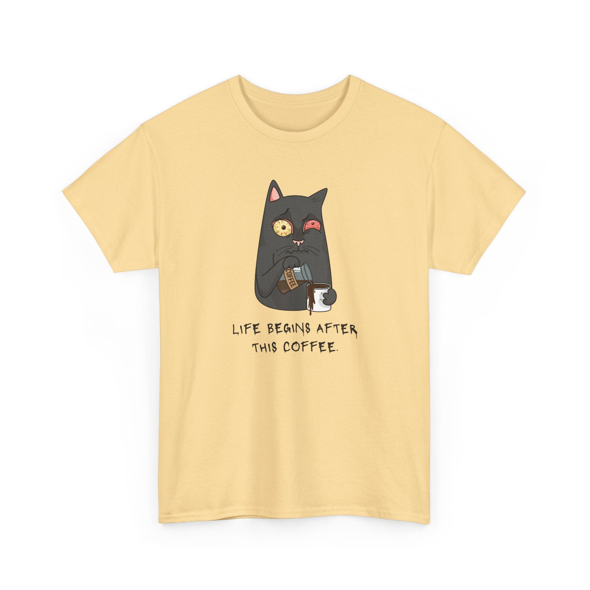 Cat Coffee T-Shirt — "Life Begins After This Coffee" Cute Cat Graphic Tee