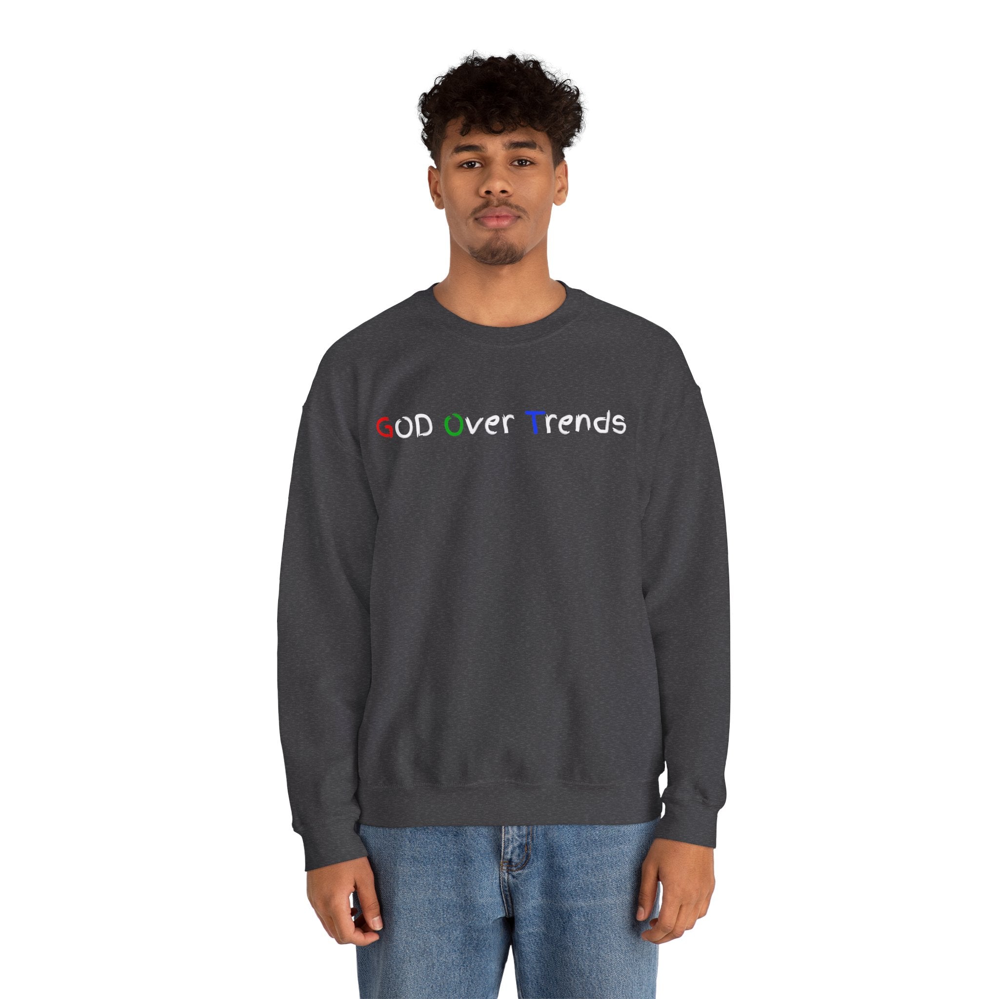 Crewneck Sweatshirt — "GOD over Trends" Colorful Faith Graphic