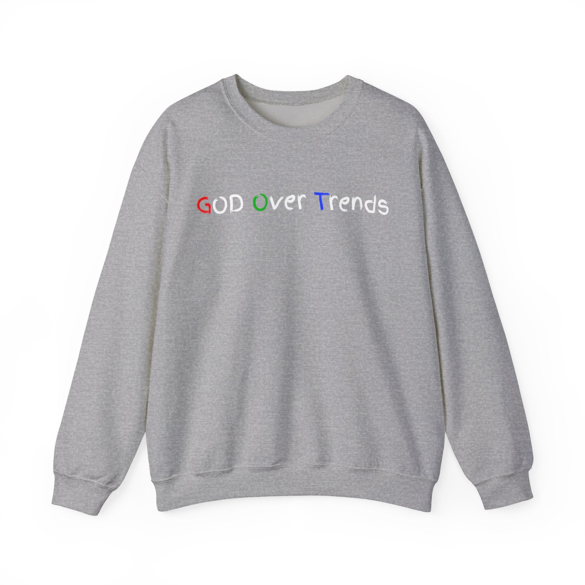 Crewneck Sweatshirt — "GOD over Trends" Colorful Faith Graphic