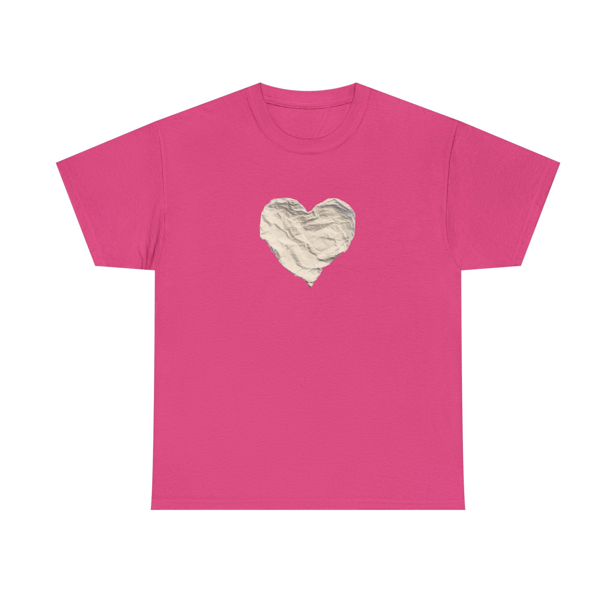 Crinkled Paper Heart Tee - Minimalist White Cotton Shirt