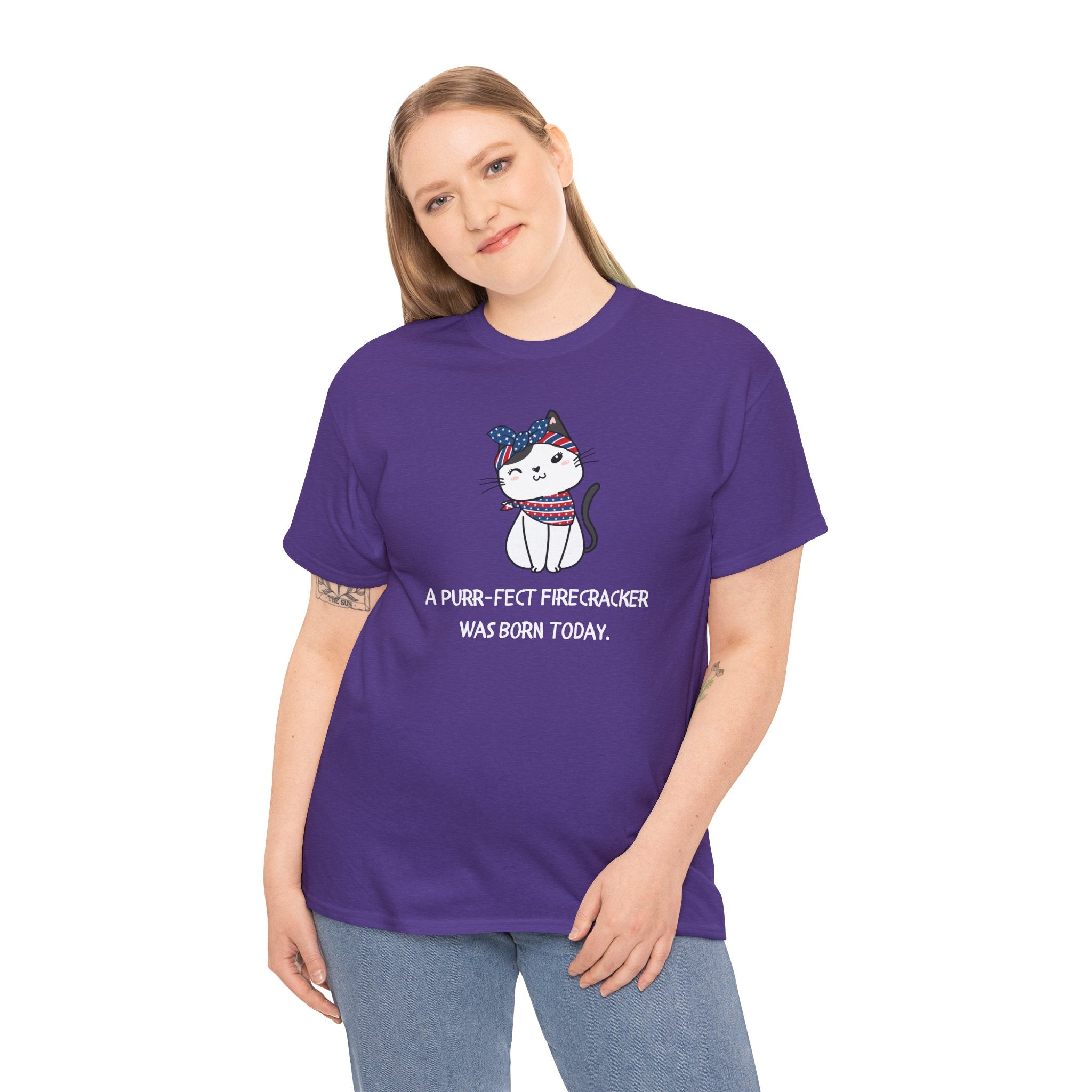 Cat Birthday Tee — "A Purr-fect Firecracker Was Born Today"