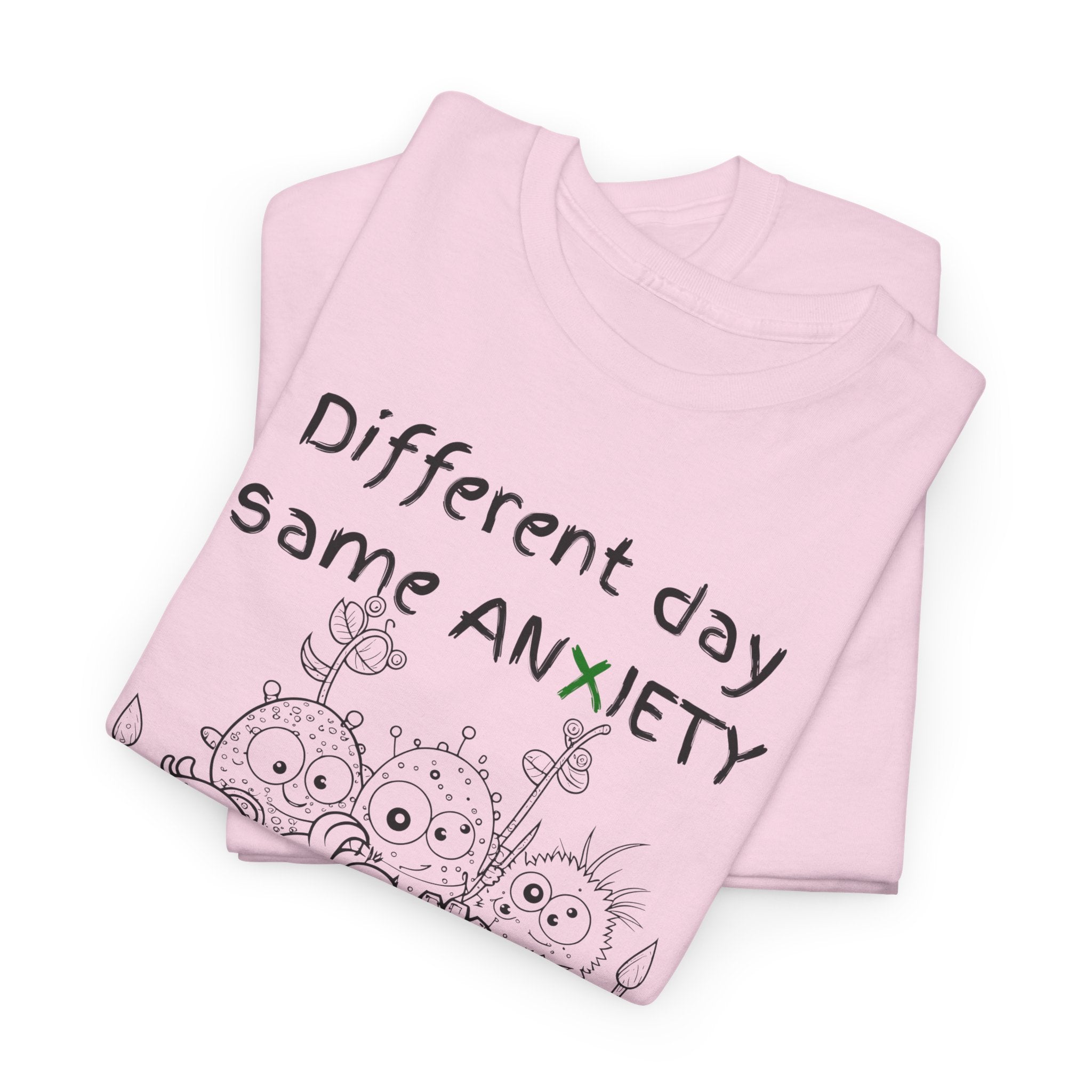 Anxiety Cartoon Tee — "Different day same ANXIETY" Mental Health Graphic T-Shirt