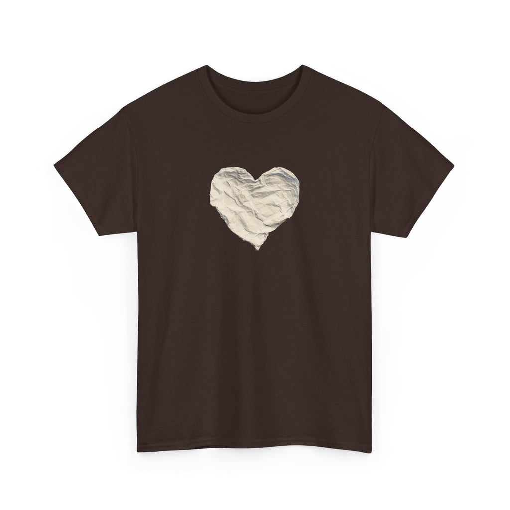 Crinkled Paper Heart Tee - Minimalist White Cotton Shirt