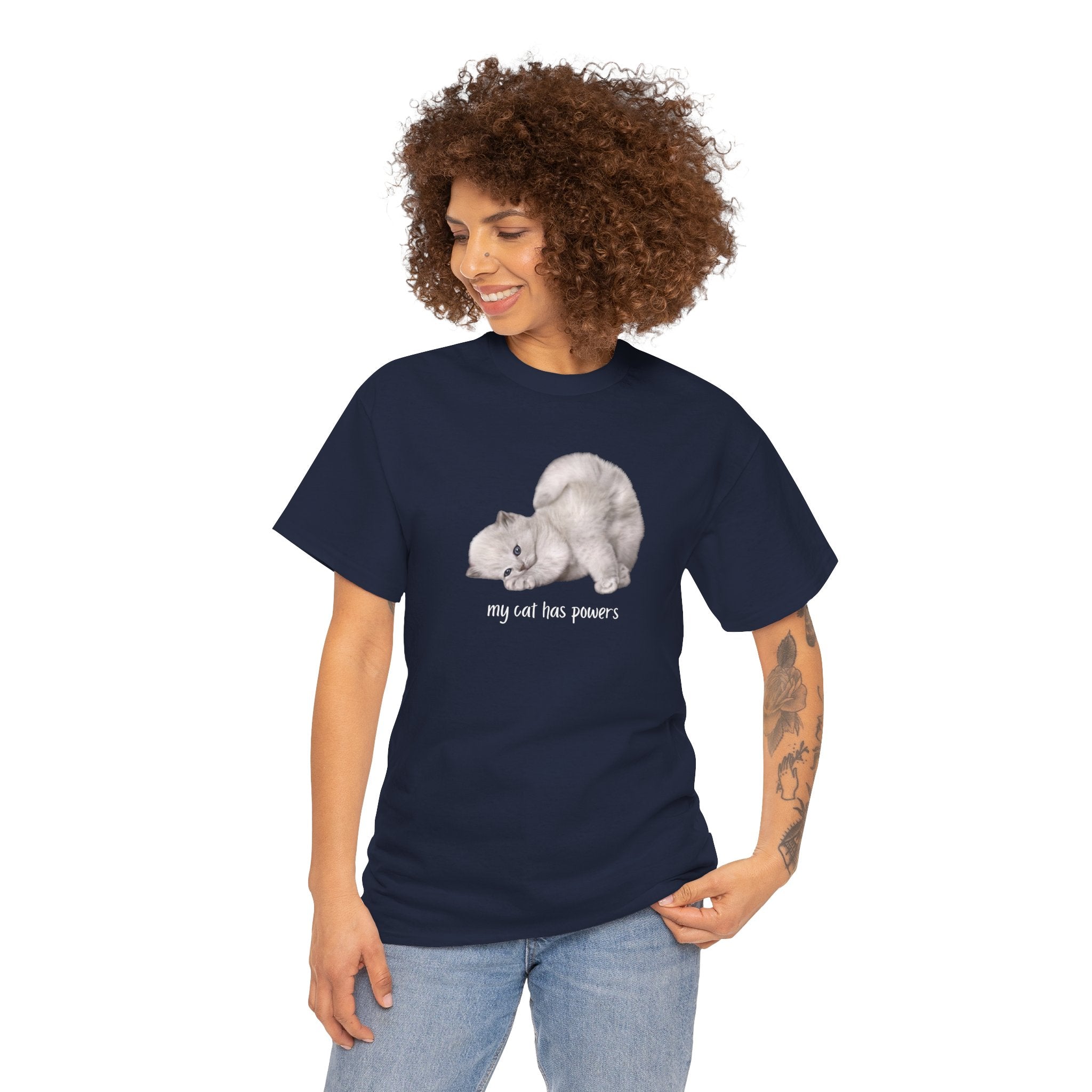 Cat T-Shirt – "My Cat Has Powers" Cute Stretching Cat Graphic Tee